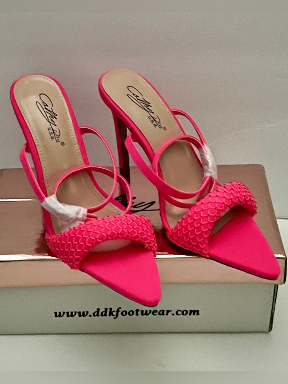 NIB Cathy Din | Hot Pink Mesh overlay detail with stud accents Stiletto Heels